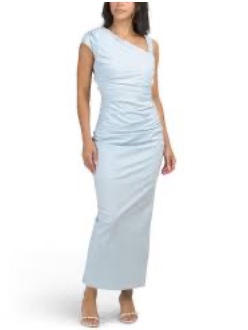 One-Shoulder Pale Blue Ruched Maxi Dress